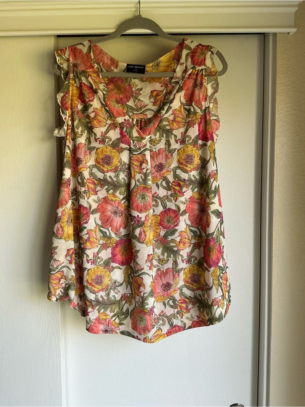 Lane Bryant Floral Ruffled Sleeveless Top - Pink, Yellow & Cream